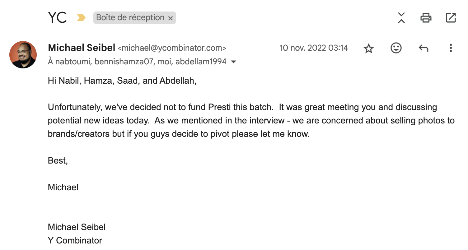 Rejection email from Michael Seibel